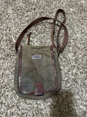 Duluth Trading Co Olive Green Messenger Bag with Brown Trim